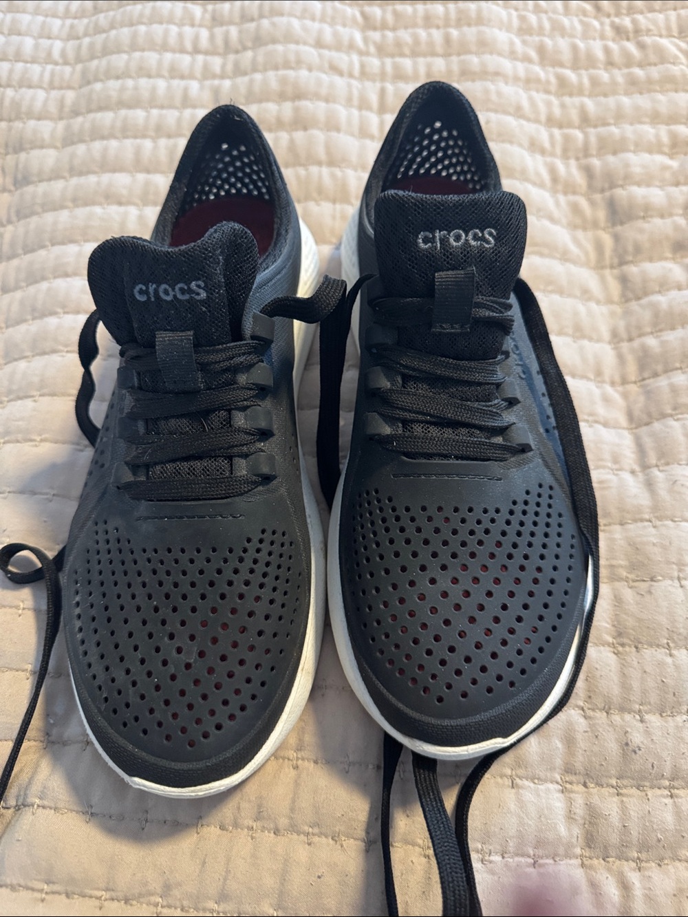CROCS Women’s Black Perforated Lace-Up Sneakers with White Sole
